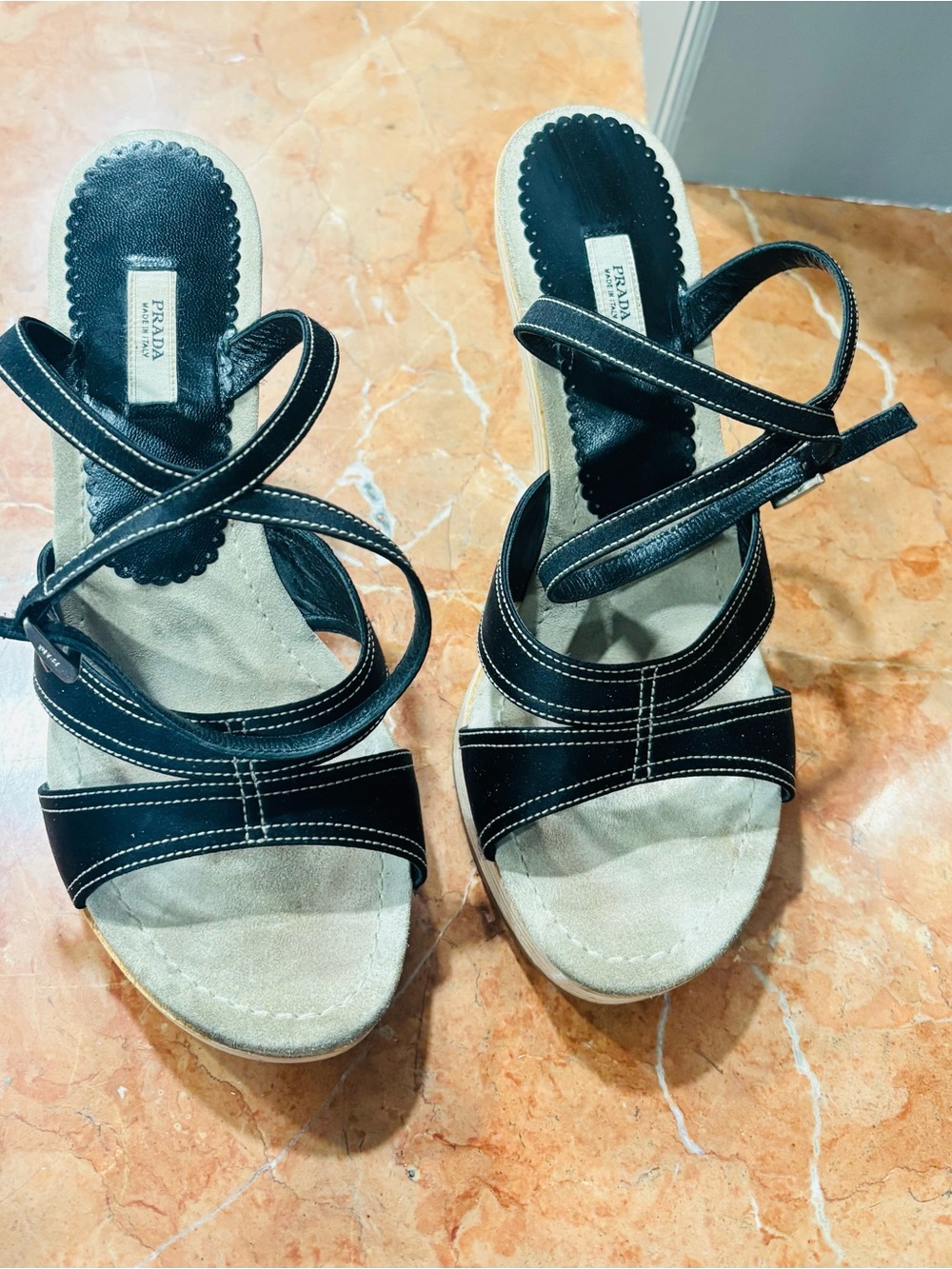 Prada Black Strappy Sandals with Contrast Stitching